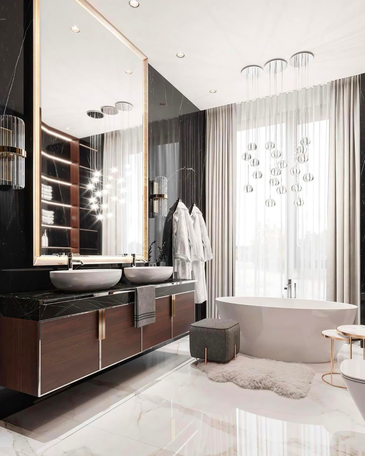 Luxurious bathroom with bold contrasts and gold accents