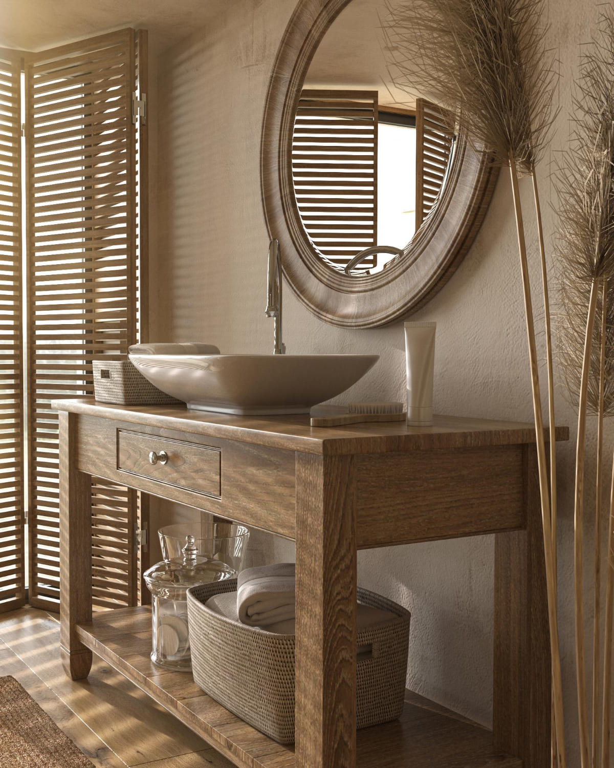 Natural wood bathroom with earthy tones and soft lighting